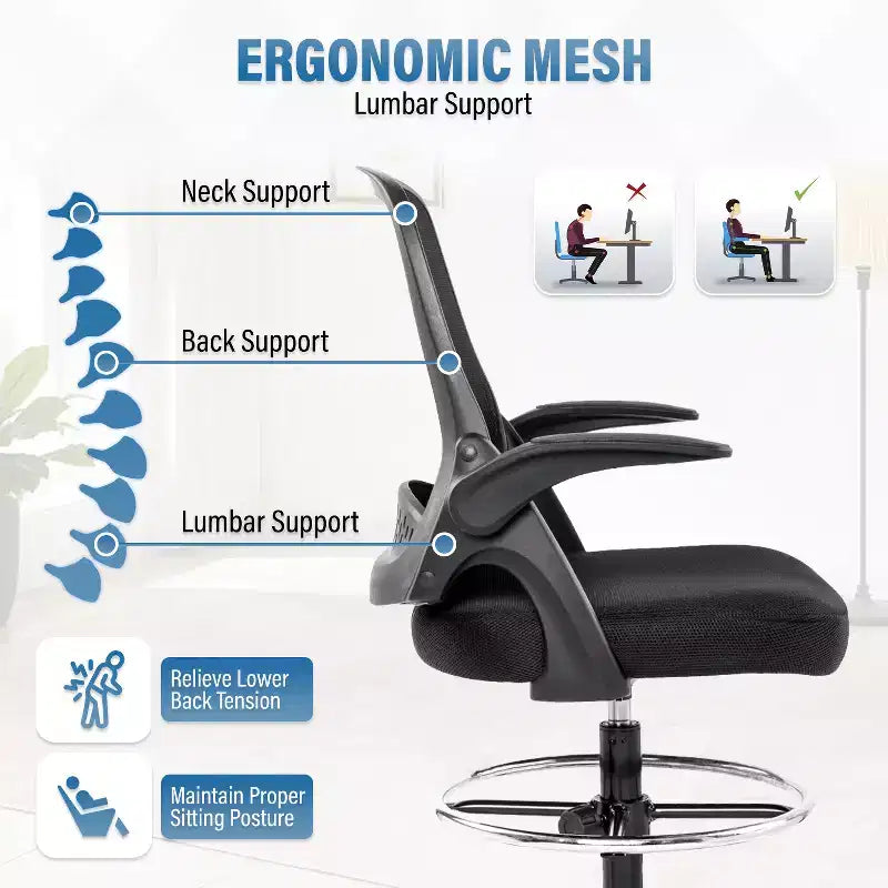 Chaise de bureau haute BestMassage avec dossier en maille respirante et soutien lombaire, noire