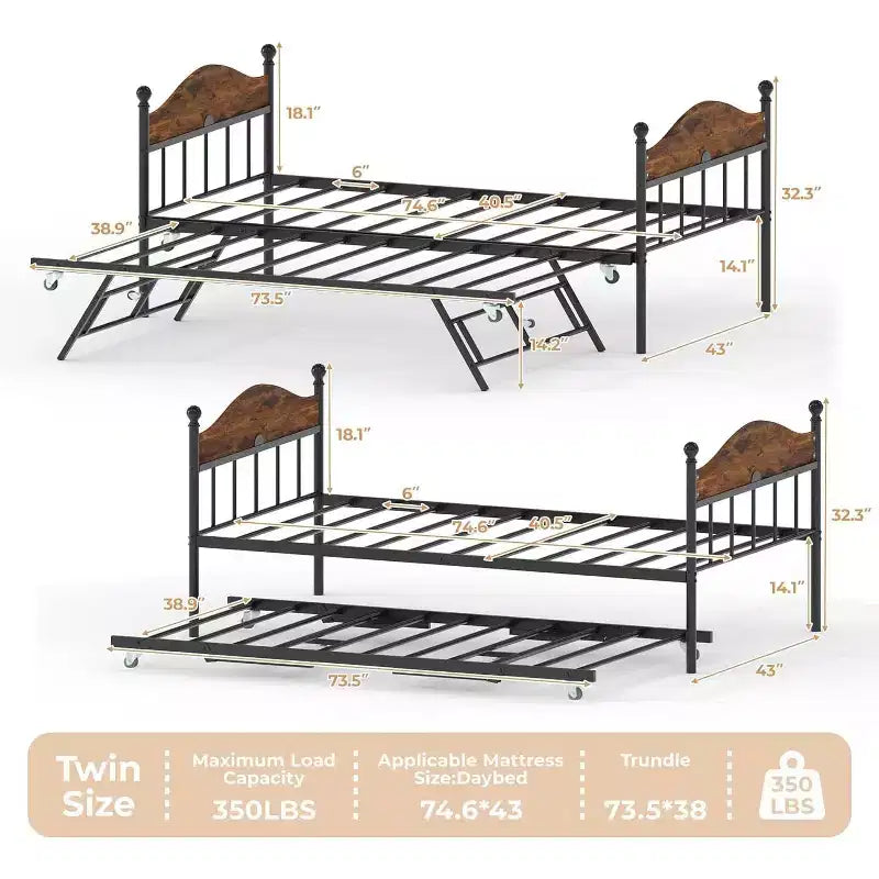 Lit de repos double avec lit gigogne - Cadre de canapé-lit élégant en métal, lit gigogne relevable, parfait pour n'importe quel espace