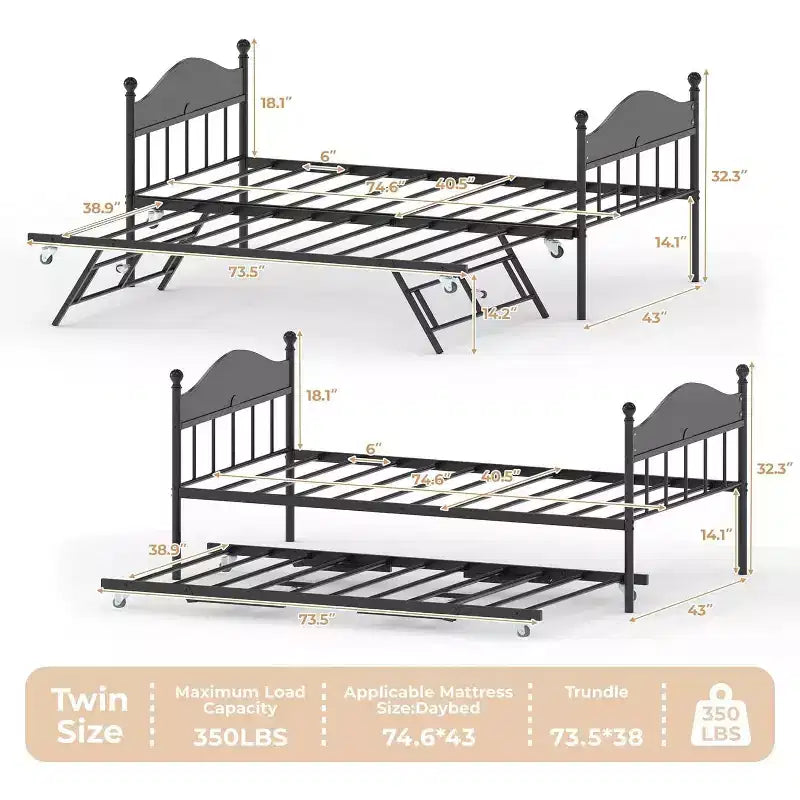 Lit de repos double avec lit gigogne - Cadre de canapé-lit élégant en métal, lit gigogne relevable, parfait pour n'importe quel espace