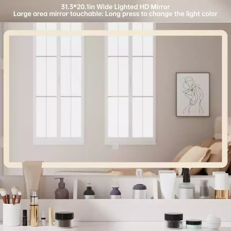 Homesflex Coiffeuse Moderne Blanche avec Lumières Réglables, Miroir et Rangement - Ensemble Complet avec Tiroirs, Étagères et Tabouret
