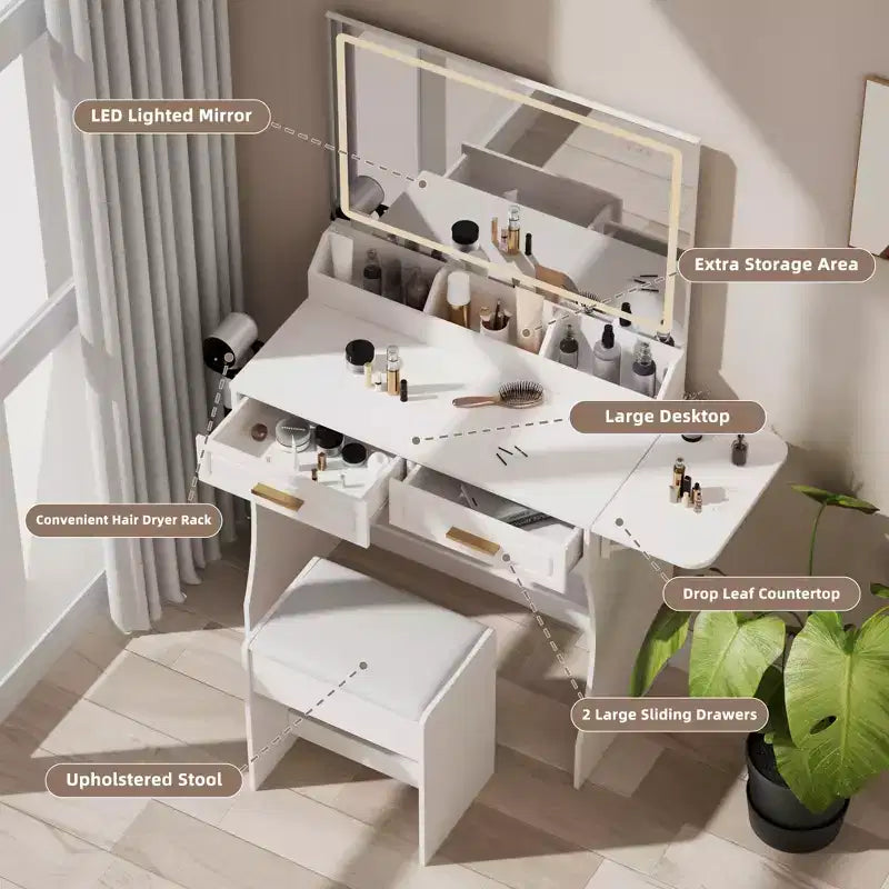 Homesflex Coiffeuse Moderne Blanche avec Lumières Réglables, Miroir et Rangement - Ensemble Complet avec Tiroirs, Étagères et Tabouret