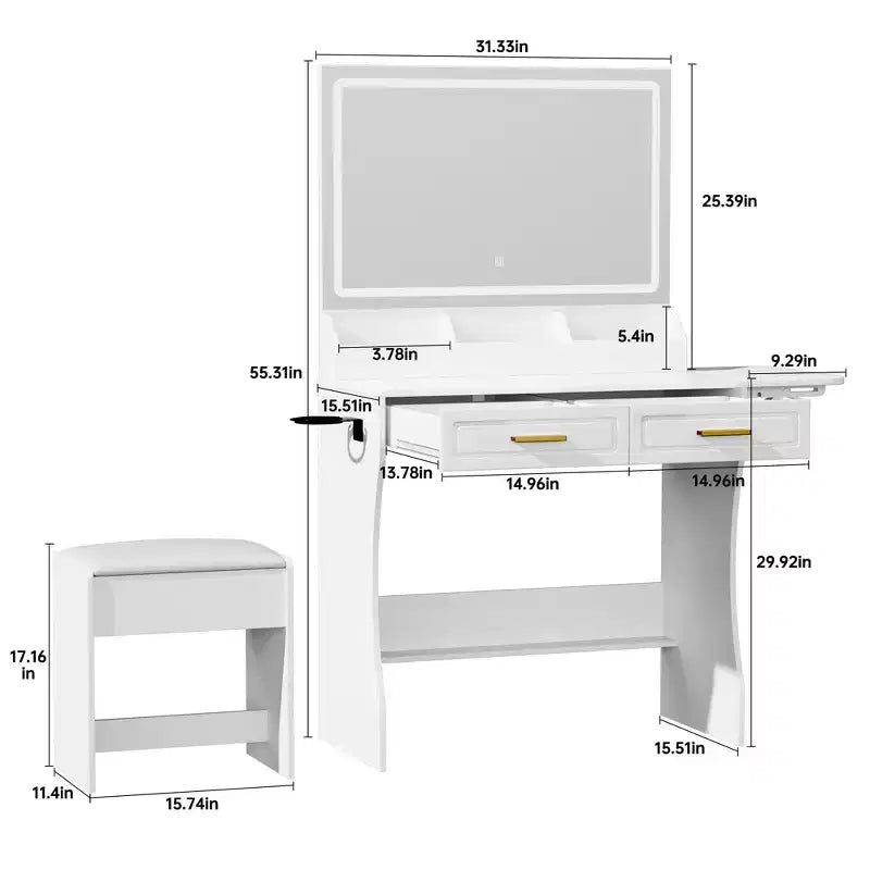 Homesflex Coiffeuse Moderne Blanche avec Lumières Réglables, Miroir et Rangement - Ensemble Complet avec Tiroirs, Étagères et Tabouret
