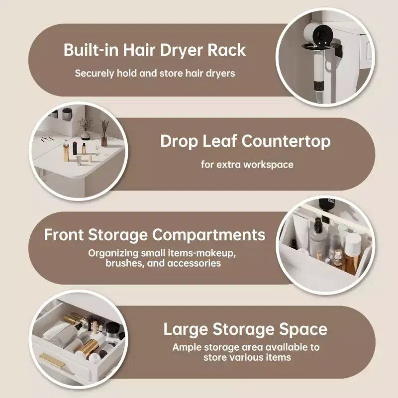 Homesflex Coiffeuse Moderne Blanche avec Lumières Réglables, Miroir et Rangement - Ensemble Complet avec Tiroirs, Étagères et Tabouret