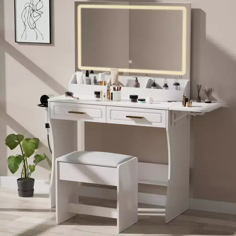 Homesflex Coiffeuse Moderne Blanche avec Lumières Réglables, Miroir et Rangement - Ensemble Complet avec Tiroirs, Étagères et Tabouret