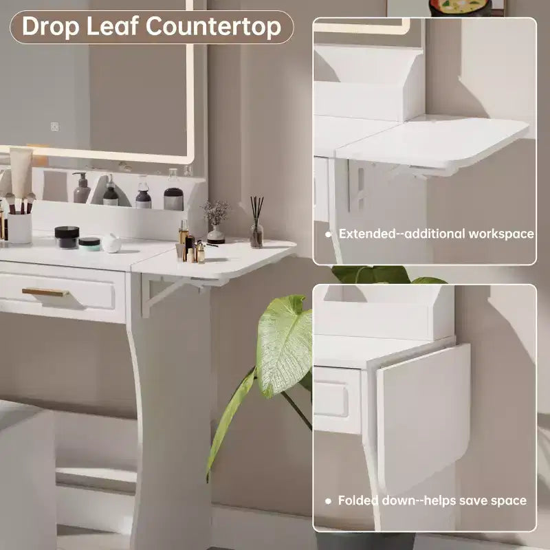 Homesflex Coiffeuse Moderne Blanche avec Lumières Réglables, Miroir et Rangement - Ensemble Complet avec Tiroirs, Étagères et Tabouret