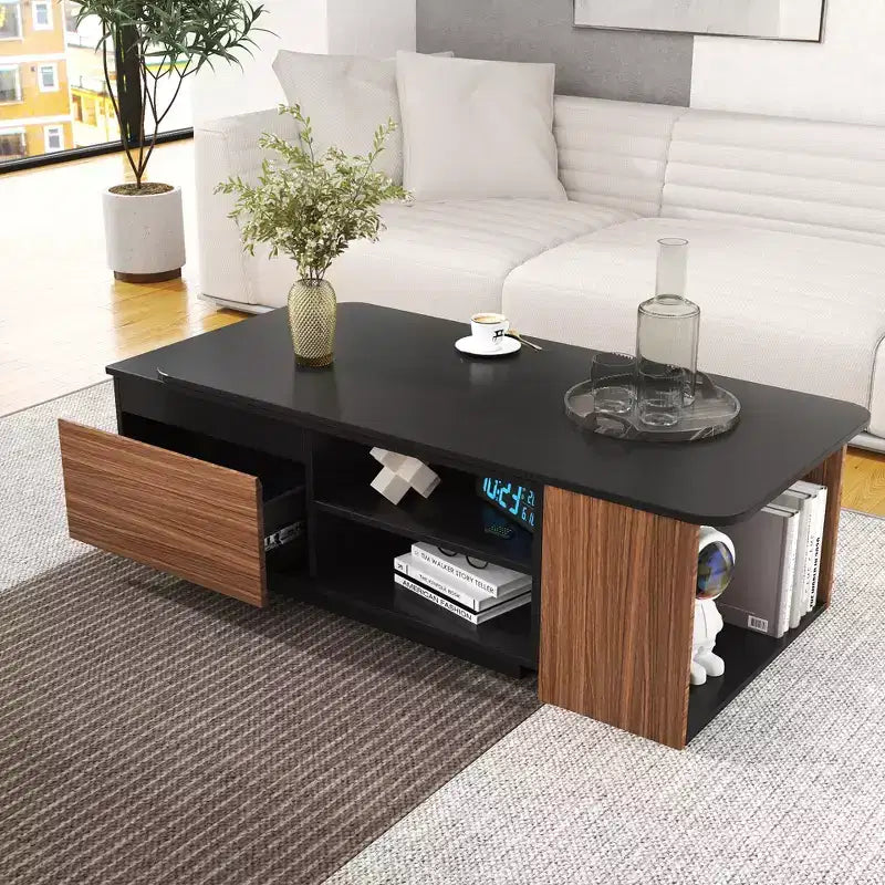 Table basse extensible Table basse relevable Table d'appoint en bois réglable avec 2 tiroirs de rangement, Noir+Noyer-ModernLuxe