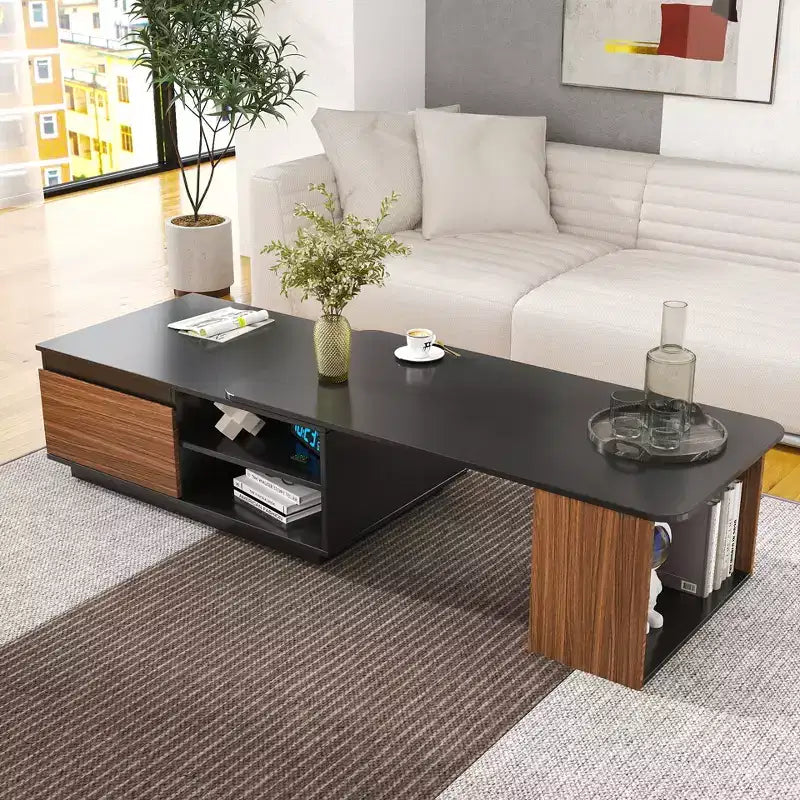 Table basse extensible Table basse relevable Table d'appoint en bois réglable avec 2 tiroirs de rangement, Noir+Noyer-ModernLuxe