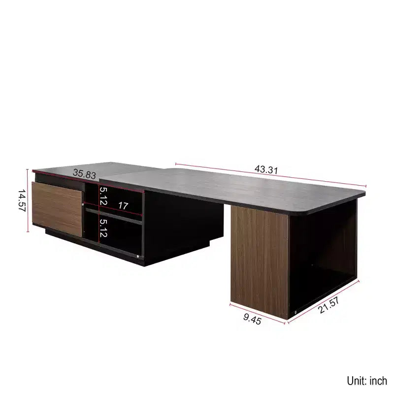 Table basse extensible Table basse relevable Table d'appoint en bois réglable avec 2 tiroirs de rangement, Noir+Noyer-ModernLuxe