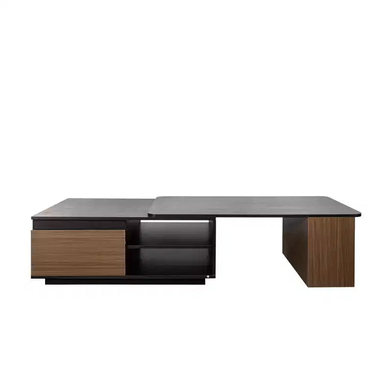 Table basse extensible Table basse relevable Table d'appoint en bois réglable avec 2 tiroirs de rangement, Noir+Noyer-ModernLuxe
