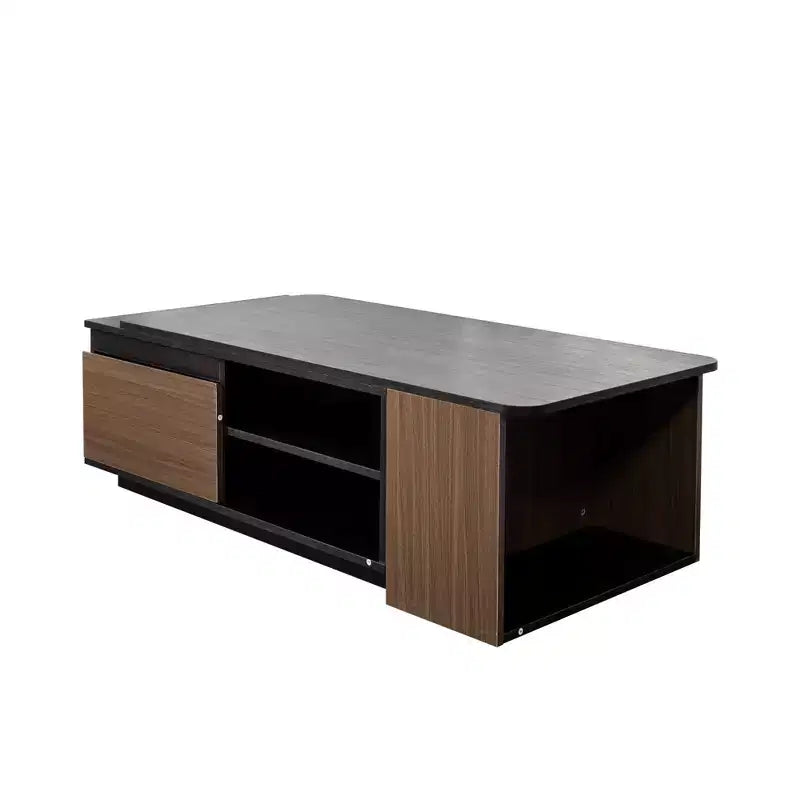 Table basse extensible Table basse relevable Table d'appoint en bois réglable avec 2 tiroirs de rangement, Noir+Noyer-ModernLuxe