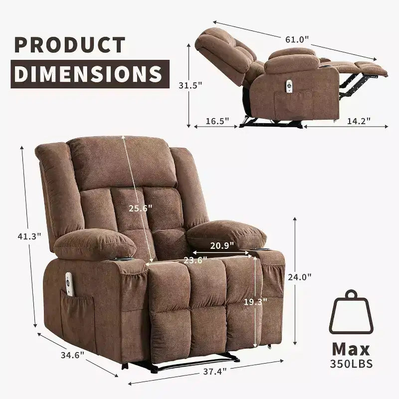 Fauteuil Inclinable Massant et Chauffant Extra Large à Bascule avec Télécommande, 3 Positions Ajustables, Porte-Gobelets et Support Lombaire pour Personnes Fortes et de Grande Taille