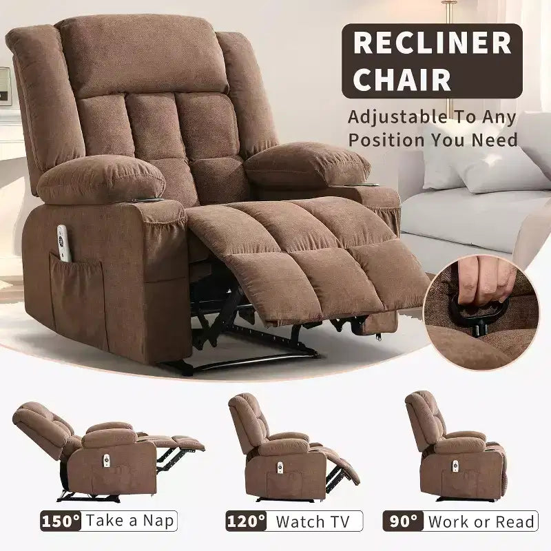 Fauteuil Inclinable Massant et Chauffant Extra Large à Bascule avec Télécommande, 3 Positions Ajustables, Porte-Gobelets et Support Lombaire pour Personnes Fortes et de Grande Taille