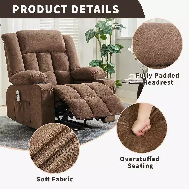 Fauteuil Inclinable Massant et Chauffant Extra Large à Bascule avec Télécommande, 3 Positions Ajustables, Porte-Gobelets et Support Lombaire pour Personnes Fortes et de Grande Taille