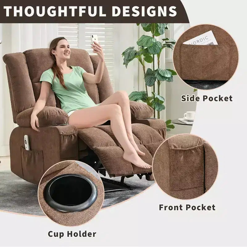 Fauteuil Inclinable Massant et Chauffant Extra Large à Bascule avec Télécommande, 3 Positions Ajustables, Porte-Gobelets et Support Lombaire pour Personnes Fortes et de Grande Taille