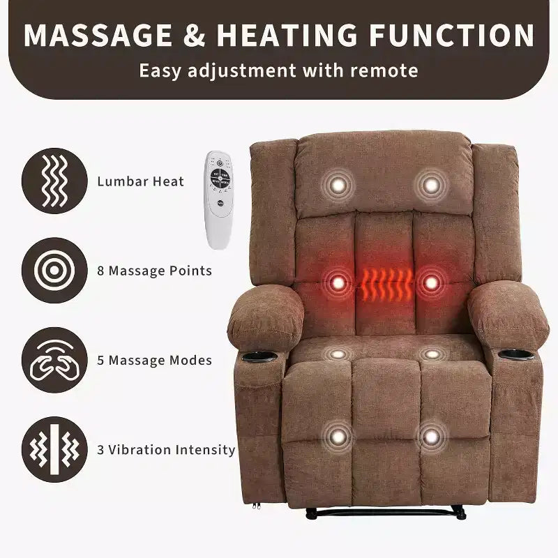 Fauteuil Inclinable Massant et Chauffant Extra Large à Bascule avec Télécommande, 3 Positions Ajustables, Porte-Gobelets et Support Lombaire pour Personnes Fortes et de Grande Taille