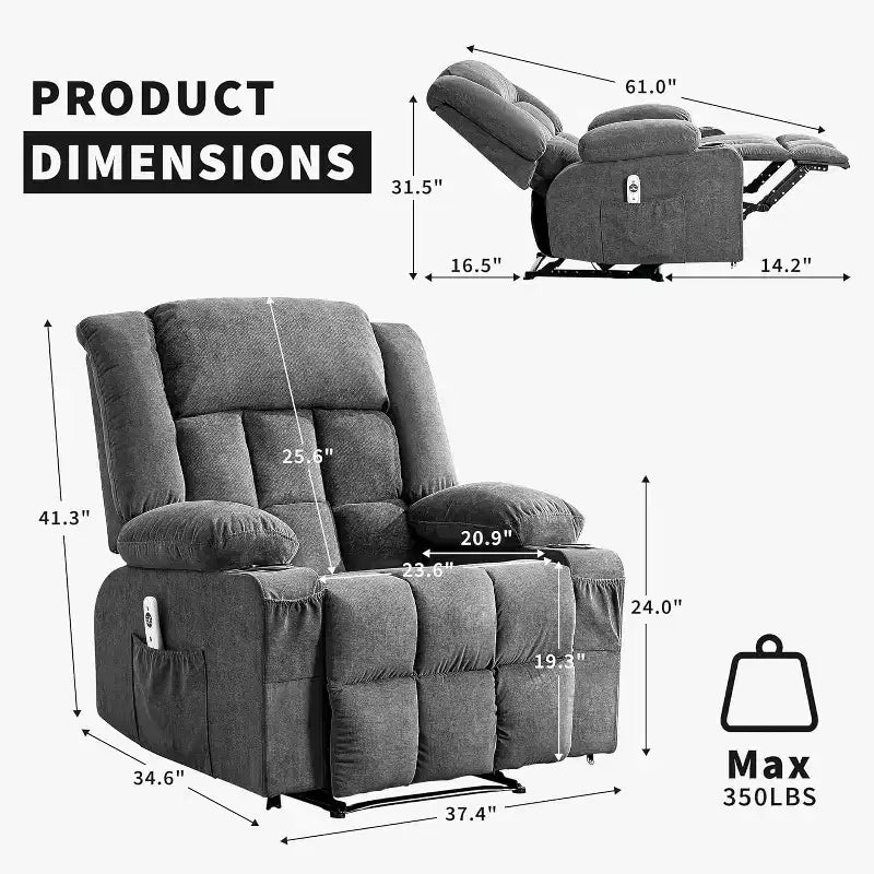Fauteuil Inclinable Massant et Chauffant Extra Large à Bascule avec Télécommande, 3 Positions Ajustables, Porte-Gobelets et Support Lombaire pour Personnes Fortes et de Grande Taille