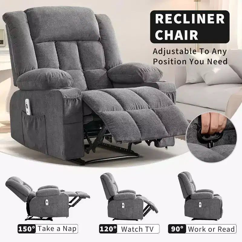 Fauteuil Inclinable Massant et Chauffant Extra Large à Bascule avec Télécommande, 3 Positions Ajustables, Porte-Gobelets et Support Lombaire pour Personnes Fortes et de Grande Taille