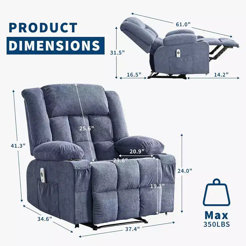 Fauteuil Inclinable Massant et Chauffant Extra Large à Bascule avec Télécommande, 3 Positions Ajustables, Porte-Gobelets et Support Lombaire pour Personnes Fortes et de Grande Taille
