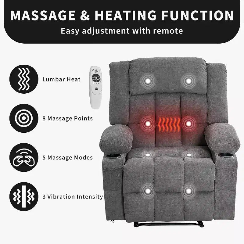 Fauteuil Inclinable Massant et Chauffant Extra Large à Bascule avec Télécommande, 3 Positions Ajustables, Porte-Gobelets et Support Lombaire pour Personnes Fortes et de Grande Taille