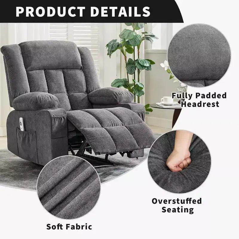 Fauteuil Inclinable Massant et Chauffant Extra Large à Bascule avec Télécommande, 3 Positions Ajustables, Porte-Gobelets et Support Lombaire pour Personnes Fortes et de Grande Taille