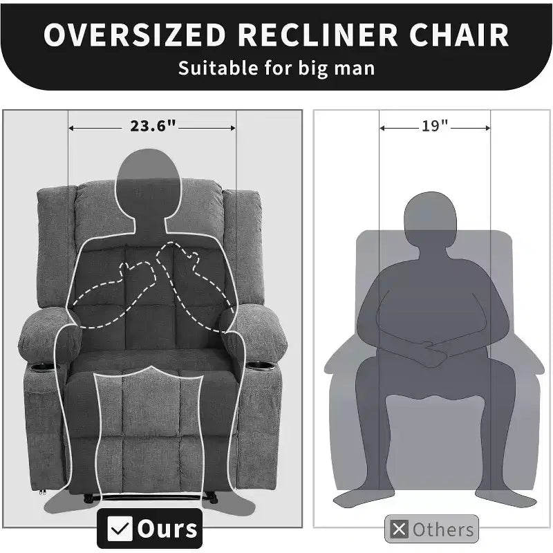 Fauteuil Inclinable Massant et Chauffant Extra Large à Bascule avec Télécommande, 3 Positions Ajustables, Porte-Gobelets et Support Lombaire pour Personnes Fortes et de Grande Taille
