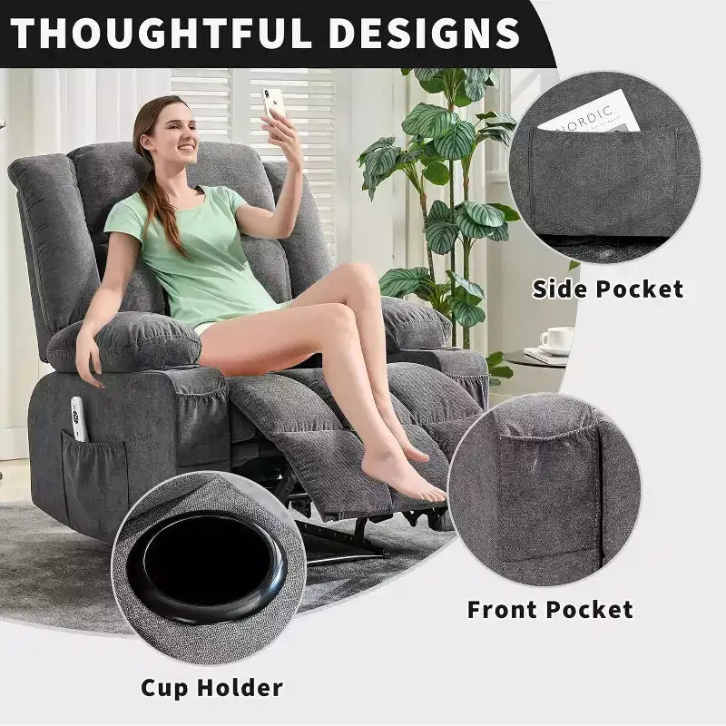 Fauteuil Inclinable Massant et Chauffant Extra Large à Bascule avec Télécommande, 3 Positions Ajustables, Porte-Gobelets et Support Lombaire pour Personnes Fortes et de Grande Taille