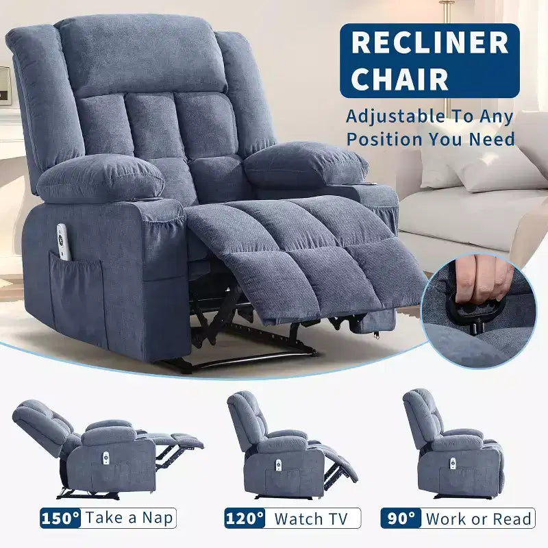 Fauteuil Inclinable Massant et Chauffant Extra Large à Bascule avec Télécommande, 3 Positions Ajustables, Porte-Gobelets et Support Lombaire pour Personnes Fortes et de Grande Taille