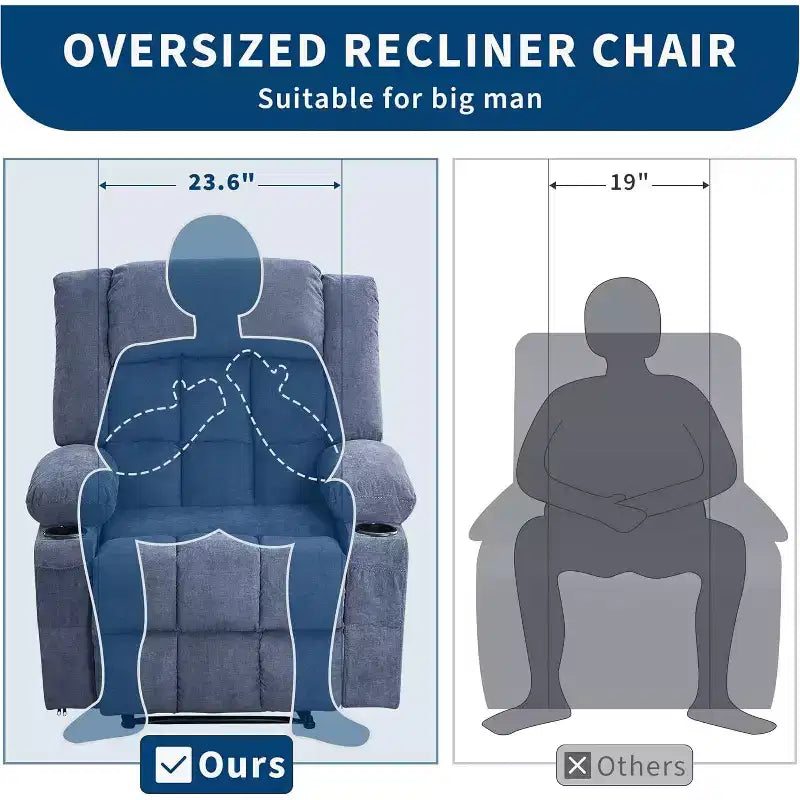 Fauteuil Inclinable Massant et Chauffant Extra Large à Bascule avec Télécommande, 3 Positions Ajustables, Porte-Gobelets et Support Lombaire pour Personnes Fortes et de Grande Taille