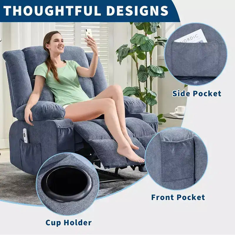 Fauteuil Inclinable Massant et Chauffant Extra Large à Bascule avec Télécommande, 3 Positions Ajustables, Porte-Gobelets et Support Lombaire pour Personnes Fortes et de Grande Taille