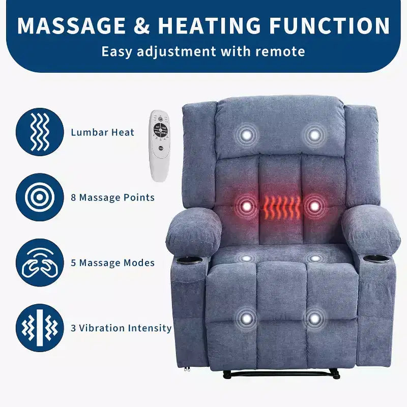 Fauteuil Inclinable Massant et Chauffant Extra Large à Bascule avec Télécommande, 3 Positions Ajustables, Porte-Gobelets et Support Lombaire pour Personnes Fortes et de Grande Taille