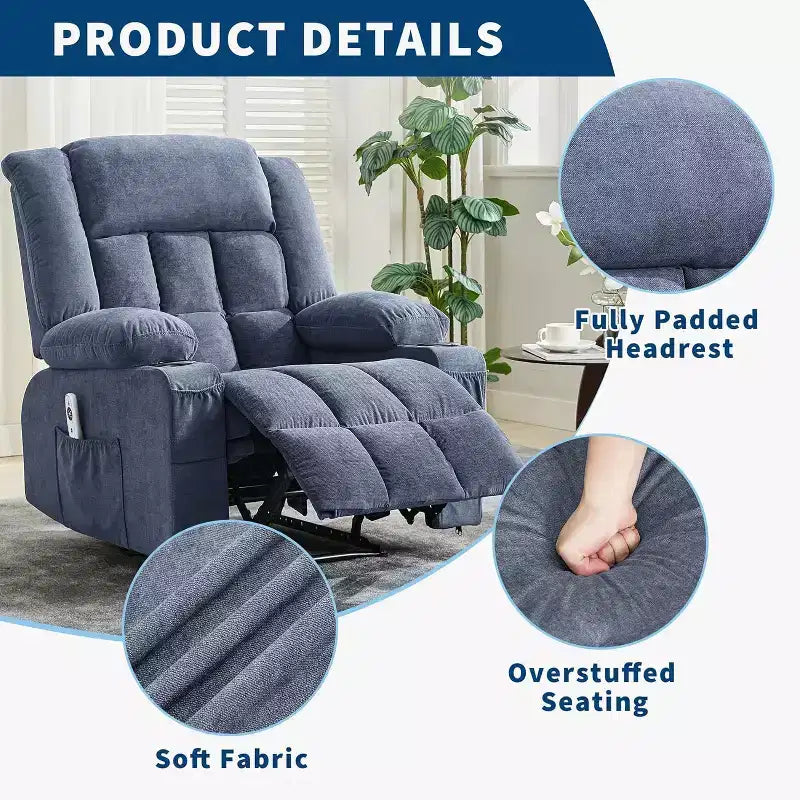 Fauteuil Inclinable Massant et Chauffant Extra Large à Bascule avec Télécommande, 3 Positions Ajustables, Porte-Gobelets et Support Lombaire pour Personnes Fortes et de Grande Taille