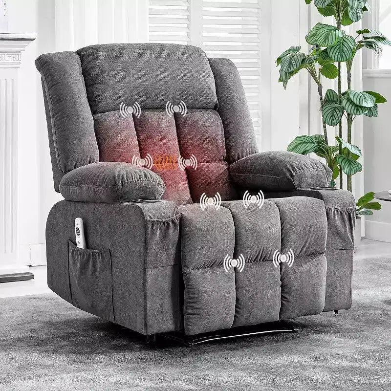 Fauteuil Inclinable Massant et Chauffant Extra Large à Bascule avec Télécommande, 3 Positions Ajustables, Porte-Gobelets et Support Lombaire pour Personnes Fortes et de Grande Taille
