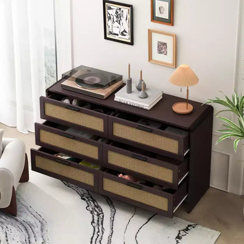 Commode en rotin à 6 tiroirs, Armoire de rangement d'angle en rotin en forme d'arc pour salon et chambre à coucher - ModernLuxe