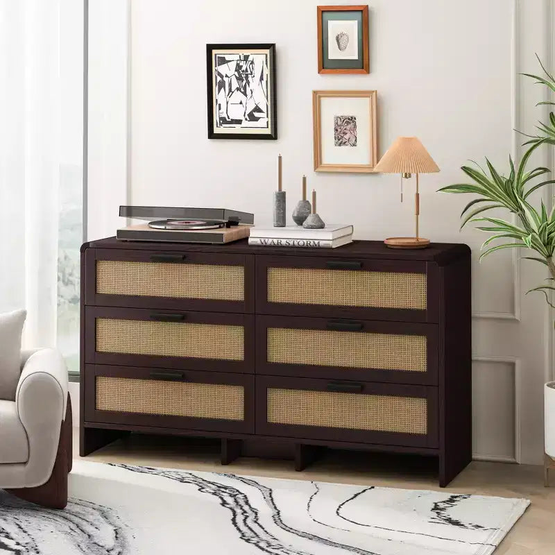 Commode en rotin à 6 tiroirs, Armoire de rangement d'angle en rotin en forme d'arc pour salon et chambre à coucher - ModernLuxe