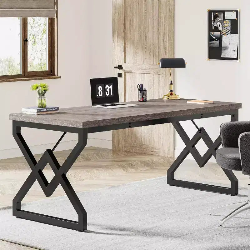 Bureau de direction Lantine de 160 cm, grand bureau informatique avec plateau en bois très épais et cadre en métal
