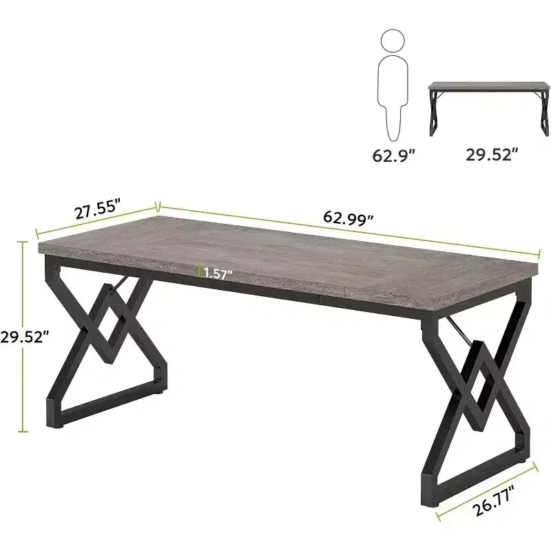 Bureau de direction Lantine de 160 cm, grand bureau informatique avec plateau en bois très épais et cadre en métal