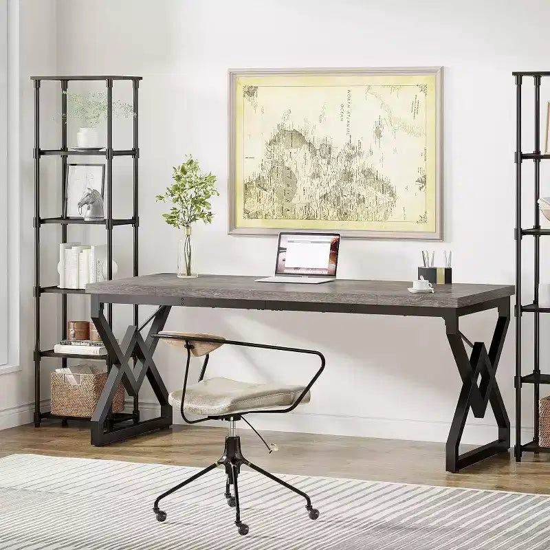 Bureau de direction Lantine de 160 cm, grand bureau informatique avec plateau en bois très épais et cadre en métal