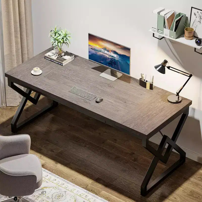 Bureau de direction Lantine de 160 cm, grand bureau informatique avec plateau en bois très épais et cadre en métal