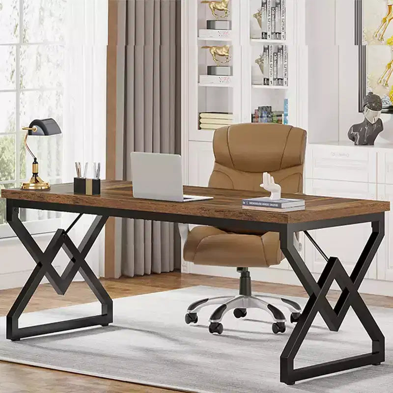 Bureau de direction Lantine de 160 cm, grand bureau informatique avec plateau en bois très épais et cadre en métal