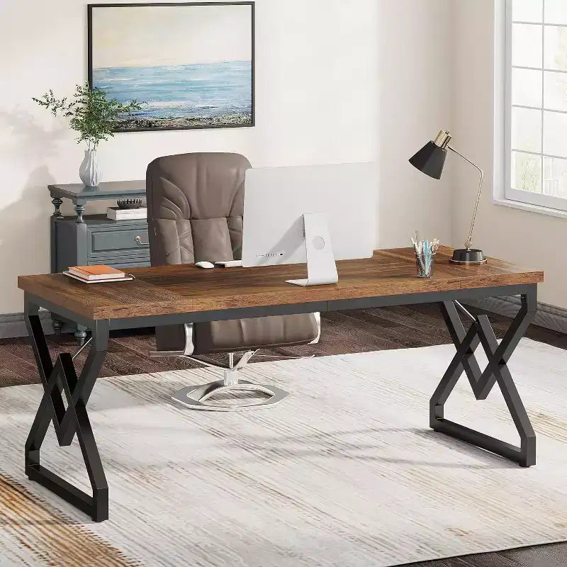 Bureau de direction Lantine de 160 cm, grand bureau informatique avec plateau en bois très épais et cadre en métal