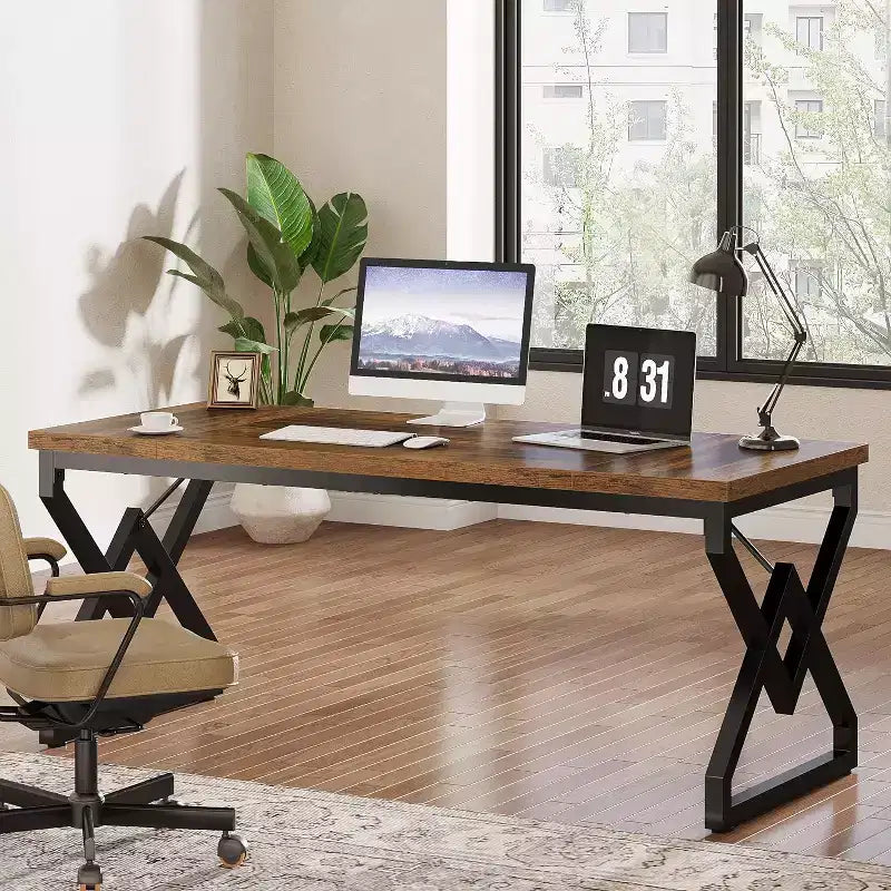 Bureau de direction Lantine de 160 cm, grand bureau informatique avec plateau en bois très épais et cadre en métal