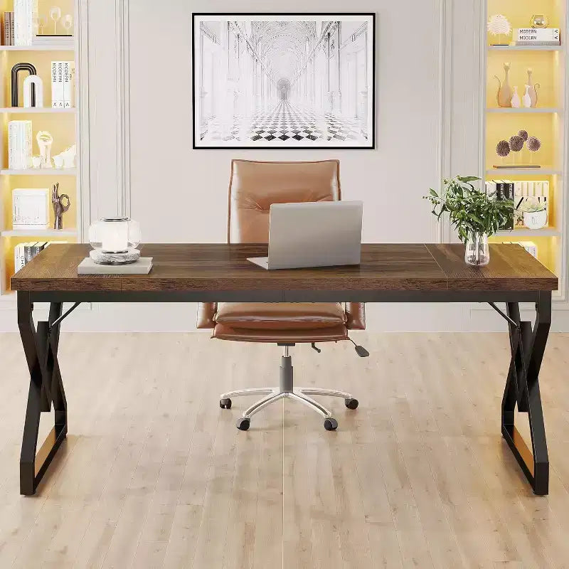 Bureau de direction Lantine de 160 cm, grand bureau informatique avec plateau en bois très épais et cadre en métal