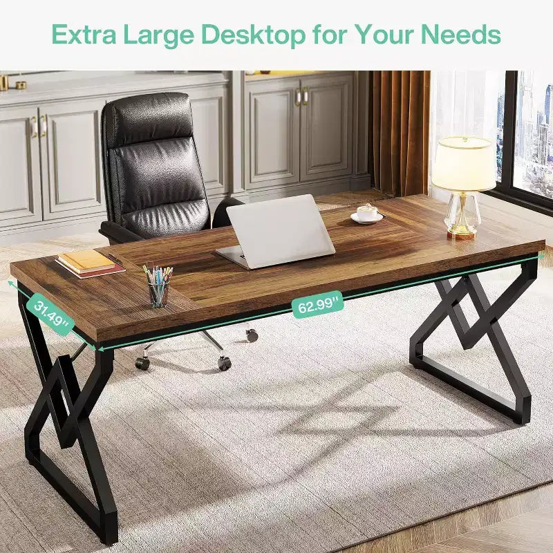 Bureau de direction Lantine de 160 cm, grand bureau informatique avec plateau en bois très épais et cadre en métal