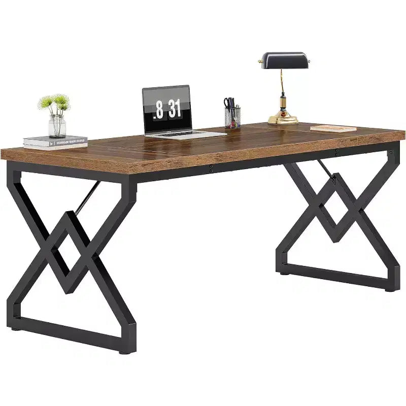 Bureau de direction Lantine de 160 cm, grand bureau informatique avec plateau en bois très épais et cadre en métal