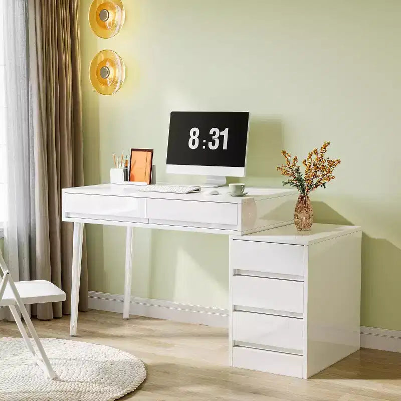 Bureau blanc Lantine avec 5 tiroirs, bureau moderne pour la maison avec tiroirs de rangement et support pour imprimante