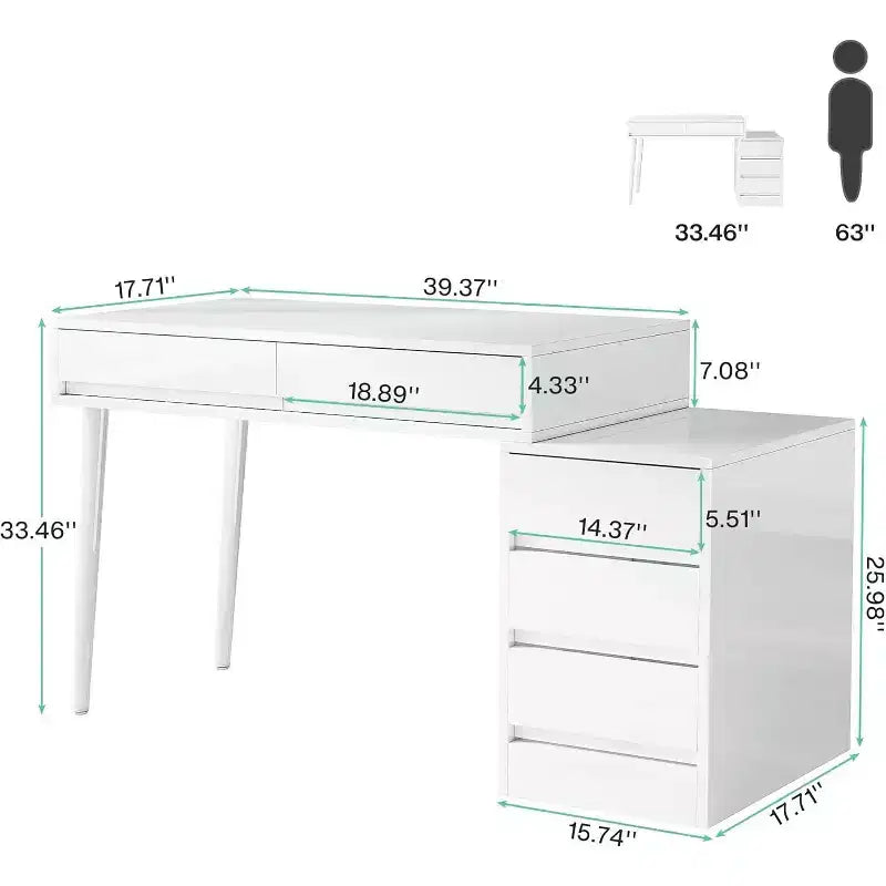 Bureau blanc Lantine avec 5 tiroirs, bureau moderne pour la maison avec tiroirs de rangement et support pour imprimante