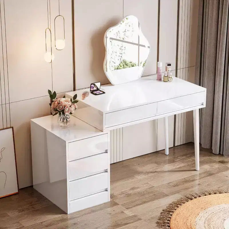 Bureau blanc Lantine avec 5 tiroirs, bureau moderne pour la maison avec tiroirs de rangement et support pour imprimante