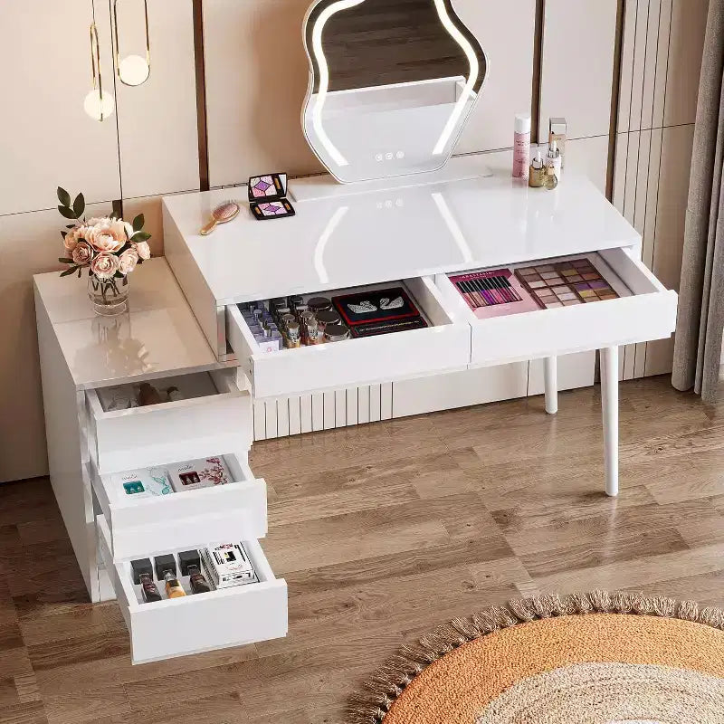 Bureau blanc Lantine avec 5 tiroirs, bureau moderne pour la maison avec tiroirs de rangement et support pour imprimante