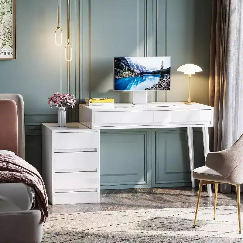 Bureau blanc Lantine avec 5 tiroirs, bureau moderne pour la maison avec tiroirs de rangement et support pour imprimante