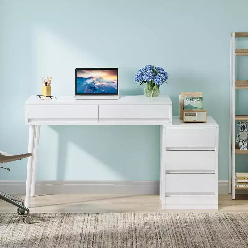 Bureau blanc Lantine avec 5 tiroirs, bureau moderne pour la maison avec tiroirs de rangement et support pour imprimante